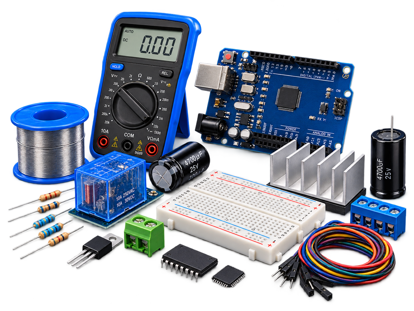 Instrumentos e componentes eletrônicos sobre fundo azul